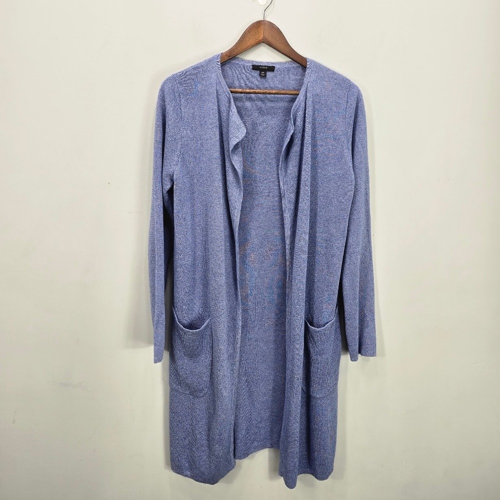 J Crew Open Front Cardigan XS Blue Linen Blend Resortwear Coastal Beach Longline